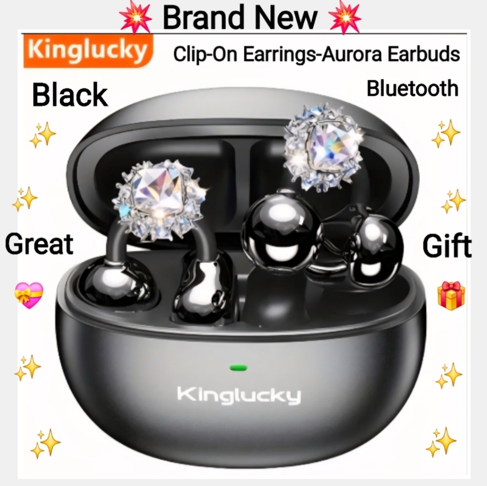 Kinglucky Clip-On Earrings - Aurora Open-Ear Earbuds (Black Wireless Bluetooth)